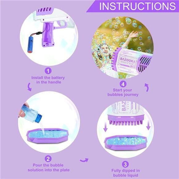 Bubble Machine Gun, Purple Bubble Gun with Lights/ Bubble Solution - Picture 4 of 6
